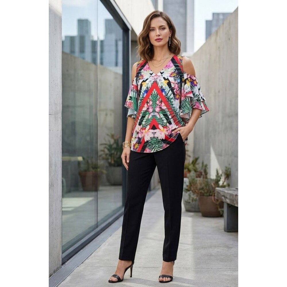 Gibson Latimer Womens Cold Shoulder Top With Bold Tropical Print Large